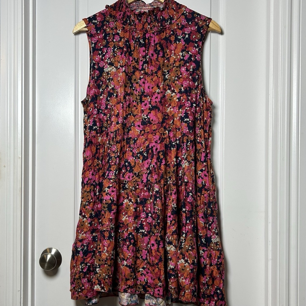 Amanda Uprichard Fuchsia Floral Nadia Smocked Mock Neck Tiered Ruffle Mini Dress